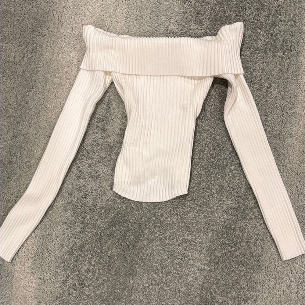 Off-Shoulder Ribbed White Sweater